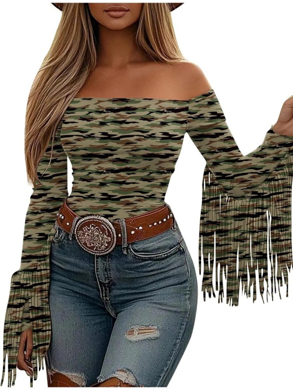 Women Camouflage Stretchy Crop Off Shoulder Concert Cowgirl Fringe Tassel Blouse